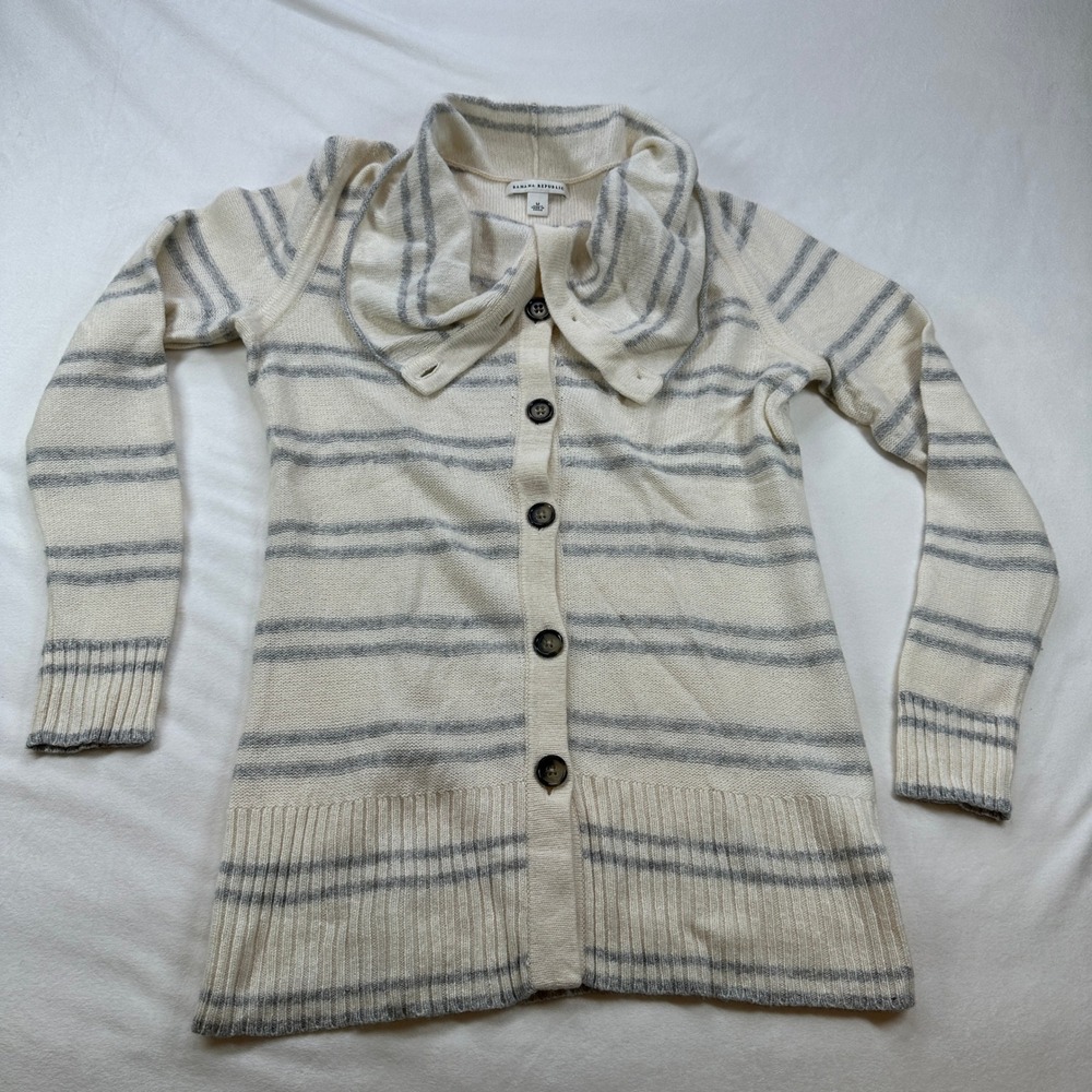 Banana Republic Stripe Shawl Collar Cardigan Sweater Cream Lambs Wool Cashmere M